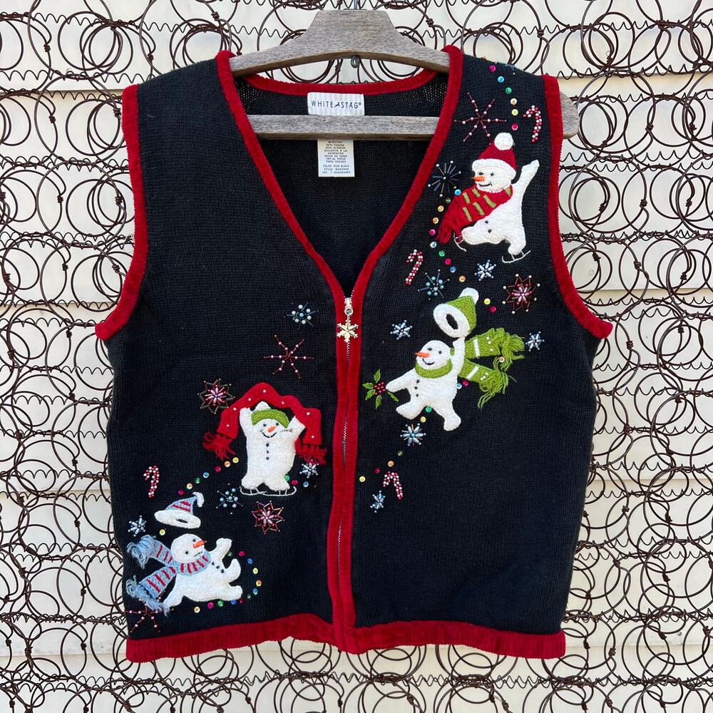 VTG Y2K White Stag Snowmen Ice Skating Beaded Christmas Ugly Sweater Vest MEDIUM